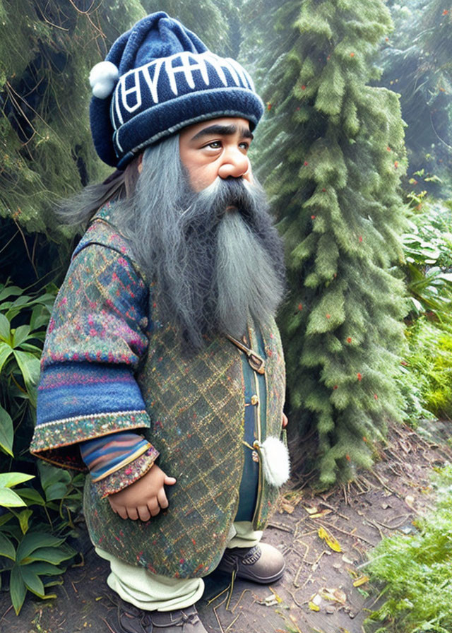 Bearded man figurine with striped hat and plaid coat in greenery