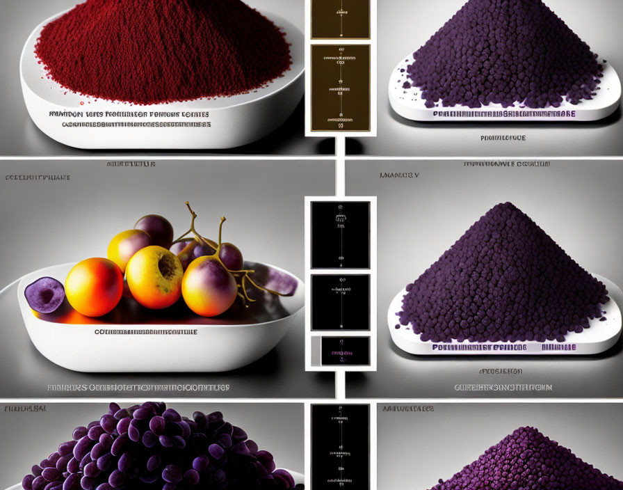 Stylized images of red and purple granules with geometric shapes and fruit.