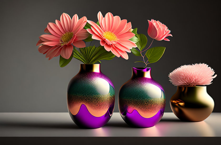 Colorful vases with flowers on table: iridescent patterns, pink daisies, golden