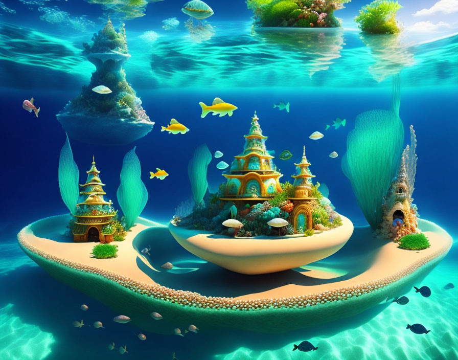 Vibrant underwater scene with colorful fish, whimsical vegetation, and castle-like structures