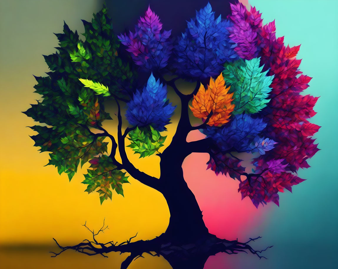 Vibrant tree with green to red gradient on multicolored backdrop