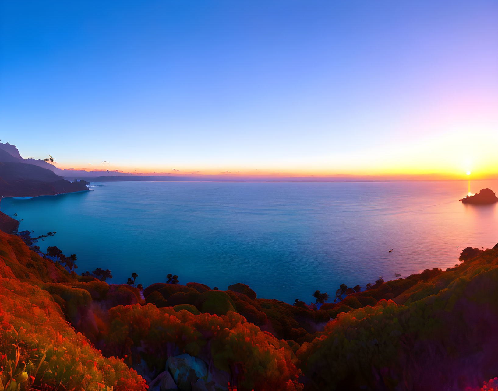 Vibrant Sunset Panorama: Sea, Mountains, Foliage