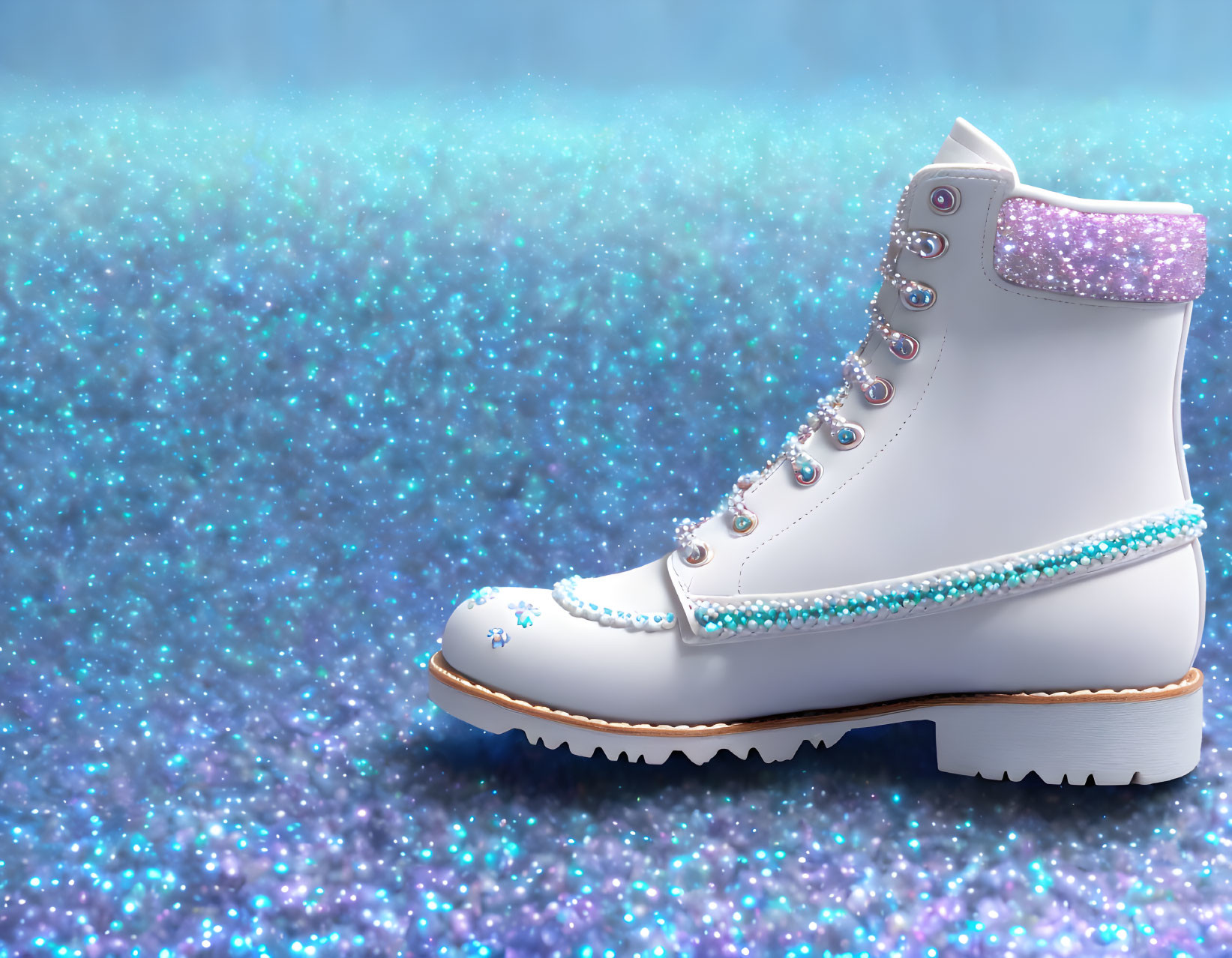 White Figure Skate with Glitter Details on Sparkling Blue Background