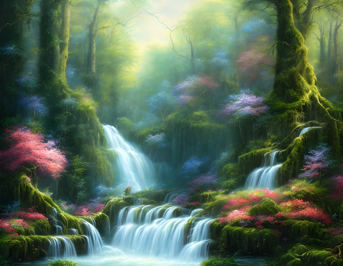 Tranquil waterfall in misty forest with greenery and pink blossoms