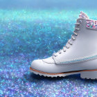 White Figure Skate with Glitter Details on Sparkling Blue Background