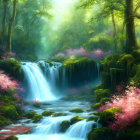 Tranquil waterfall in misty forest with greenery and pink blossoms