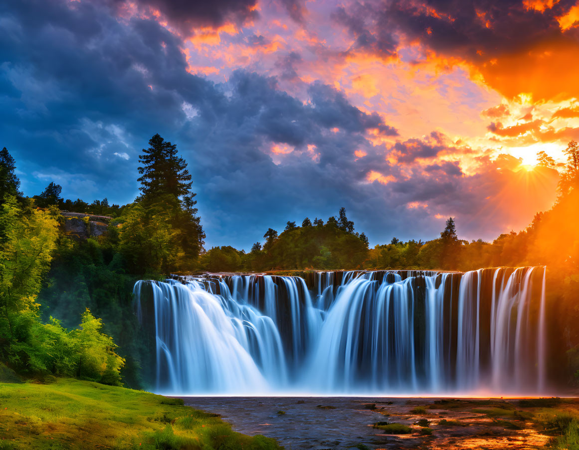 Majestic waterfall over cliff at vibrant sunset