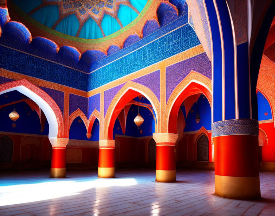 Islamic-style palace interior with blue and gold patterns, red columns, and glowing chandelier