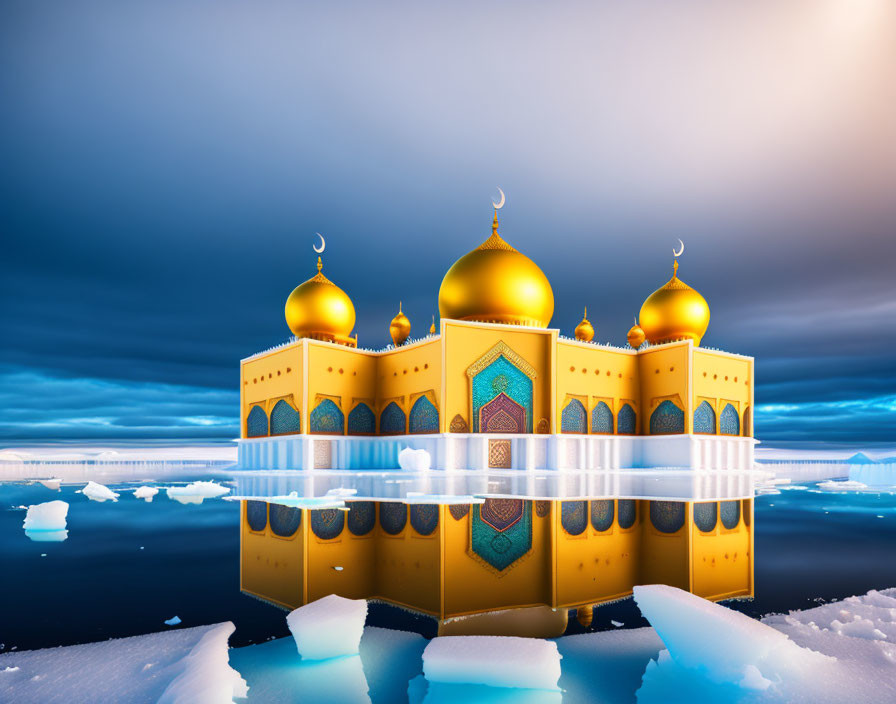 Golden palace with floating domes on icy water at twilight