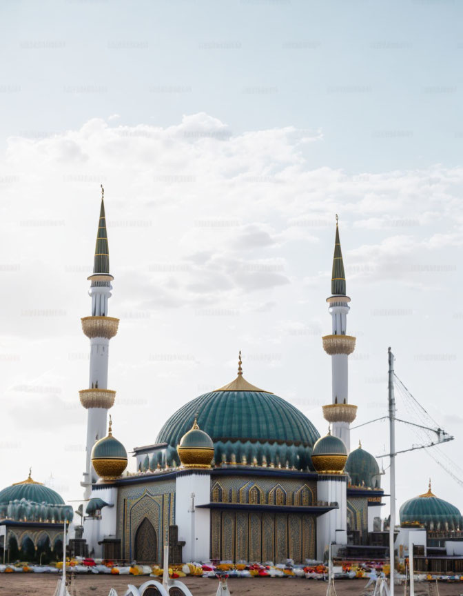 Mosque with Green and Blue Domes and Twin Minarets Against Cloudy Sky