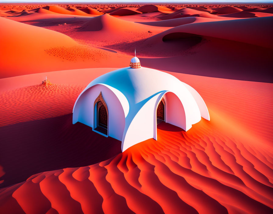 White and Blue Ornamental Tent in Red Sand Dunes at Sunset