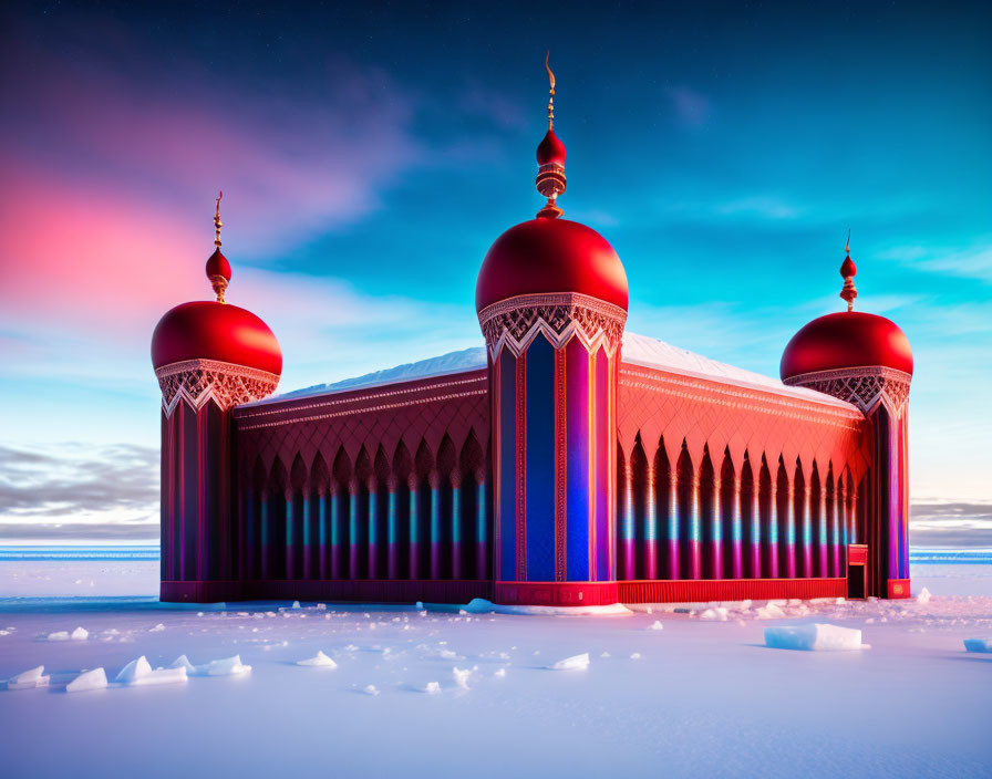 Mosque illustration with red domes and blue arches in snowy landscape