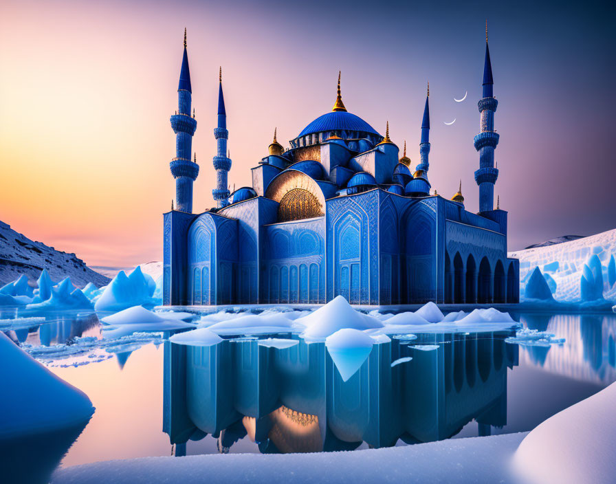 Blue mosque with minarets reflected in snowy landscape under crescent moon.