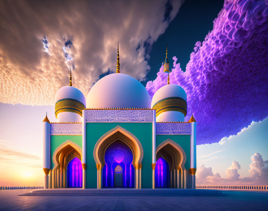 Mosque with Golden Domes and Purple Sky Scene