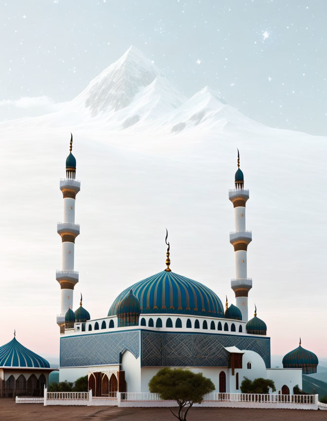 Blue and Gold Domed Mosque with Snowy Mountain Peak Background