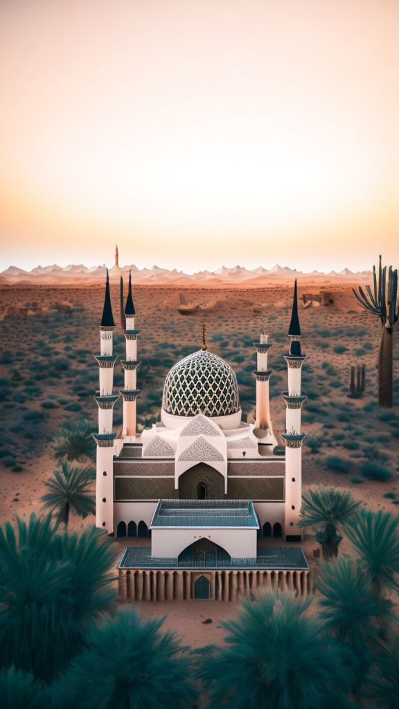 White domed mosque in desert oasis with palm trees at sunset