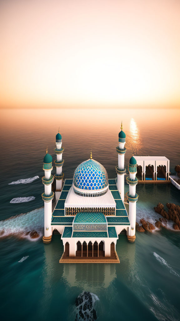 Blue Dome Mosque on Rocky Outcrop Overlooking Serene Sea at Sunset