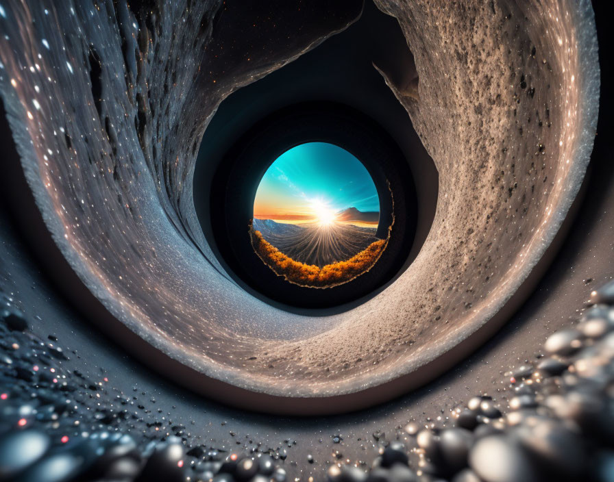 Tunnel-like Structure Revealing Vibrant Sunrise Landscape