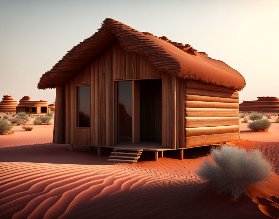 Thatched roof wooden cabin in desert with sand dunes