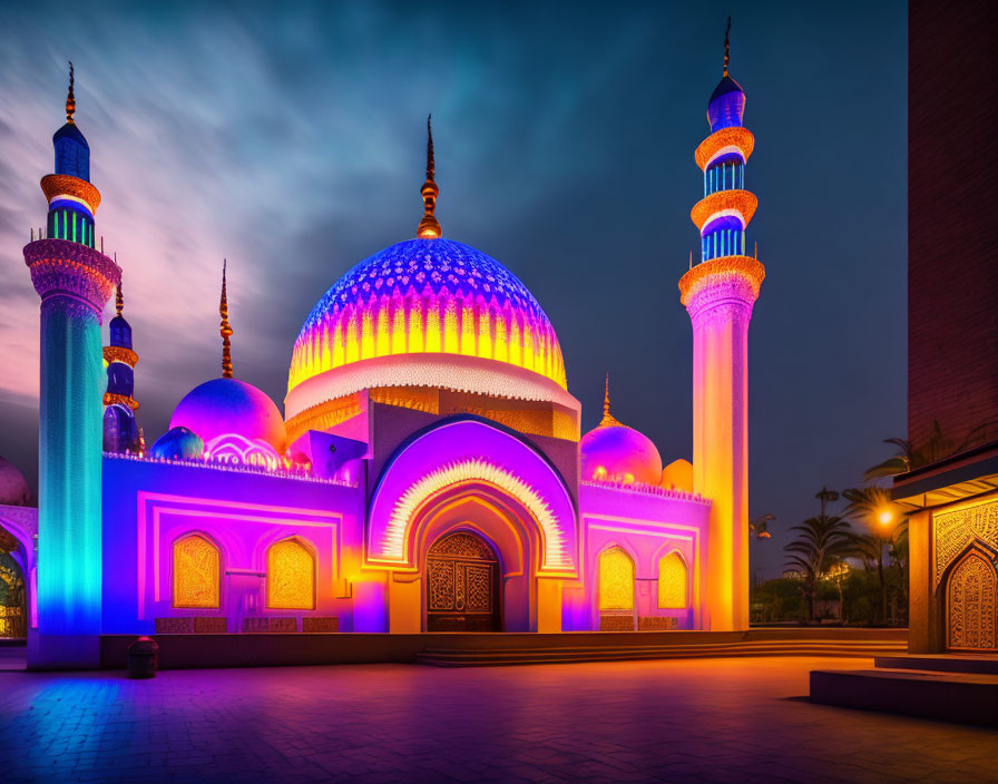 Vibrant Blue and Pink Lit Mosque at Twilight