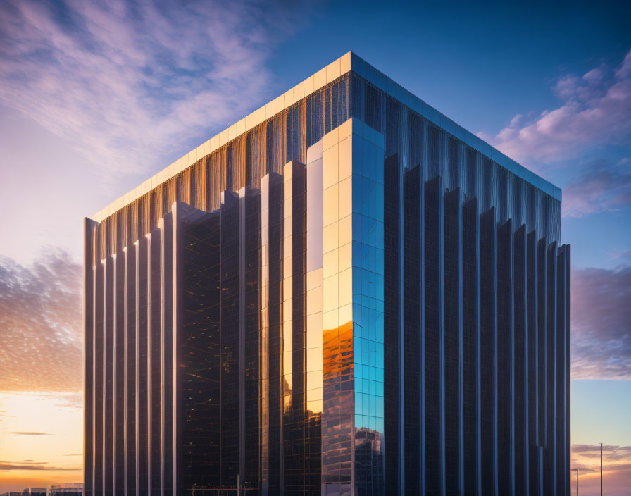 Reflective glass skyscraper at sunrise with vibrant sky