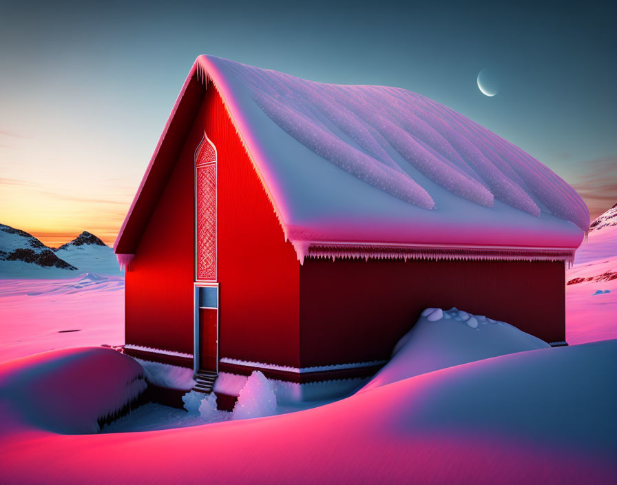 Red cabin in snowdrifts under crescent moon twilight