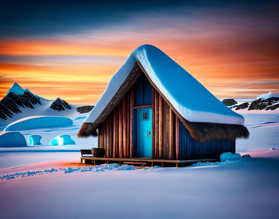 Snow-covered wooden cabin in vibrant sunset with icy mountains