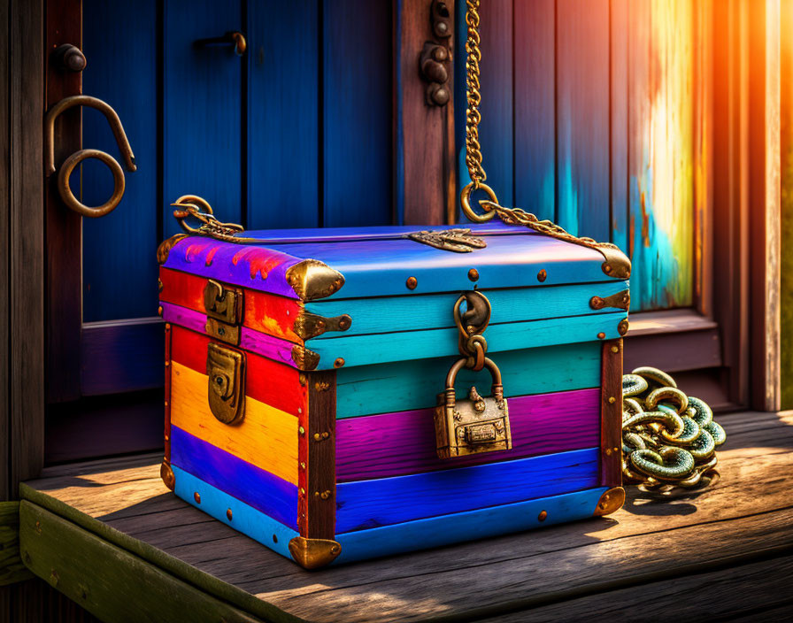 Colorful Wooden Chest with Metal Accents and Padlock on Porch by Blue Door