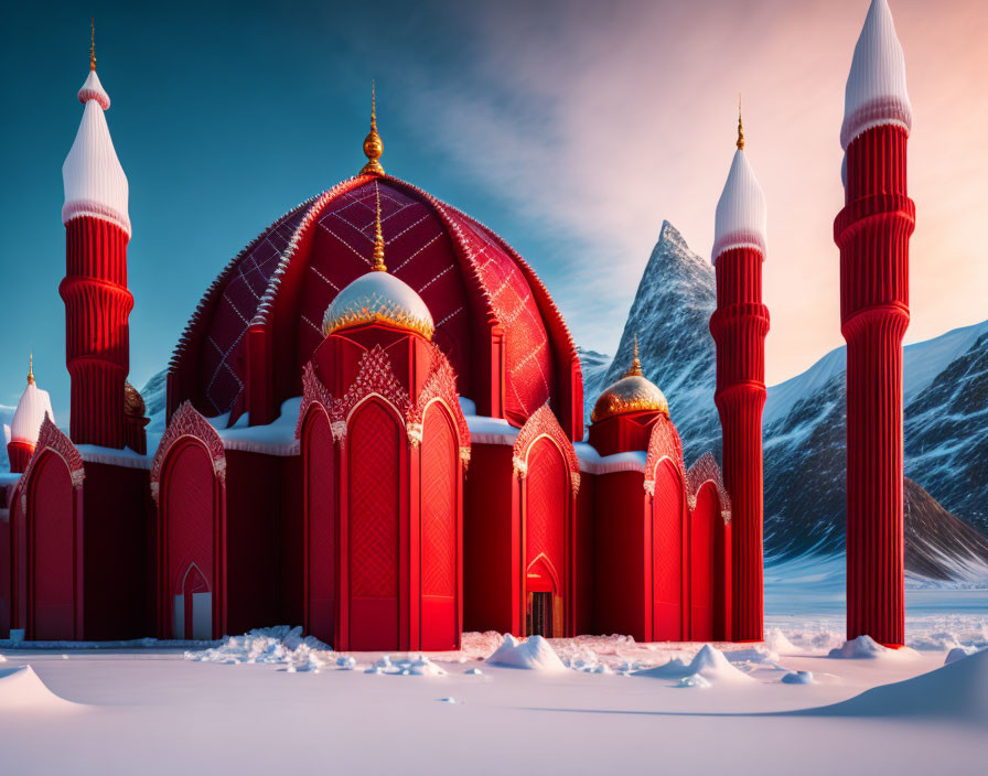 Red-domed mosque and white minarets in snowy mountain scene