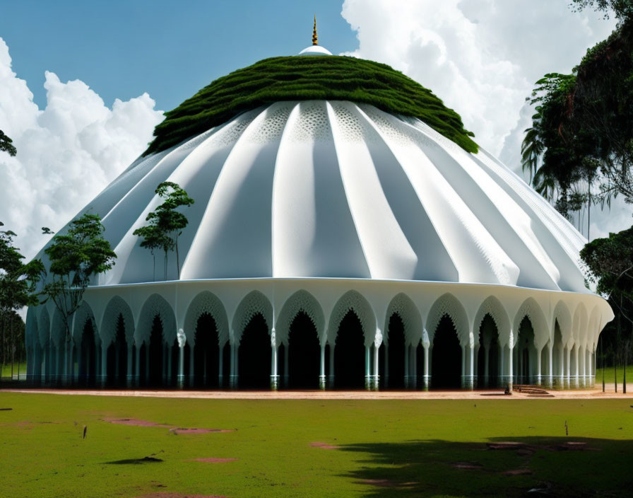 Dome Structure with Arches in Green Landscape