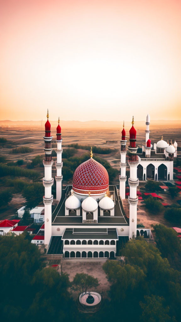 Majestic mosque with red and white minarets and large dome in desert sunset