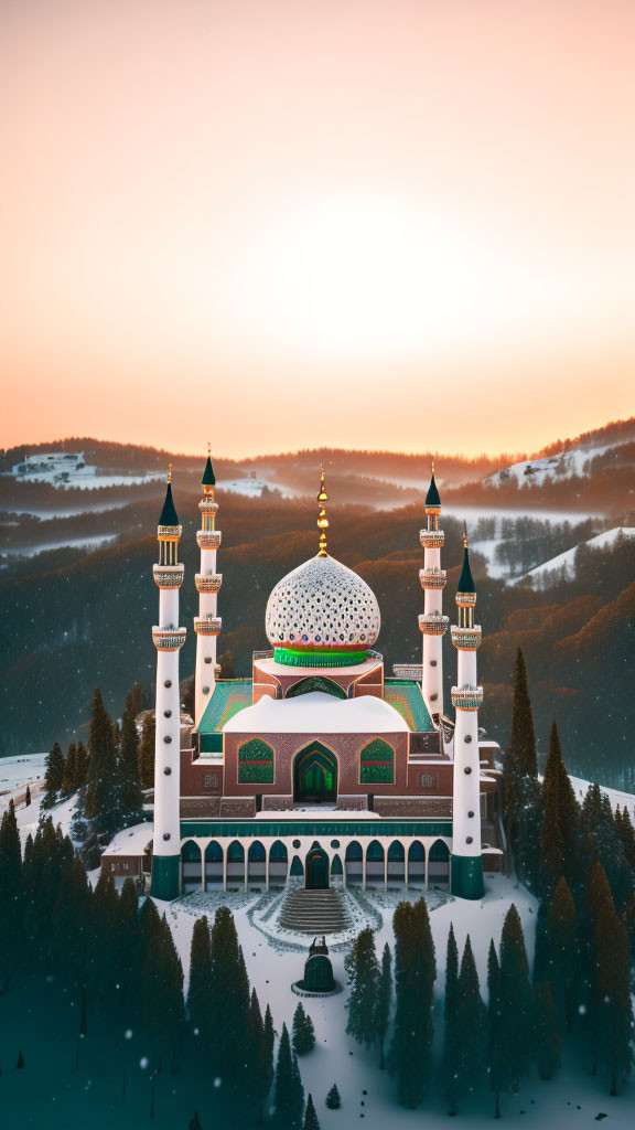 Mosque with Polka-Dot Dome and Minarets in Snowy Sunset