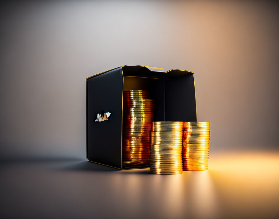 Luxury Black Box Overflowing with Stacked Gold Coins