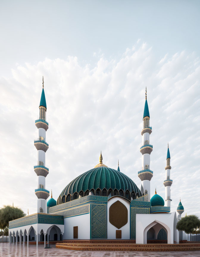 Turquoise domes and minarets of a mosque under serene sky