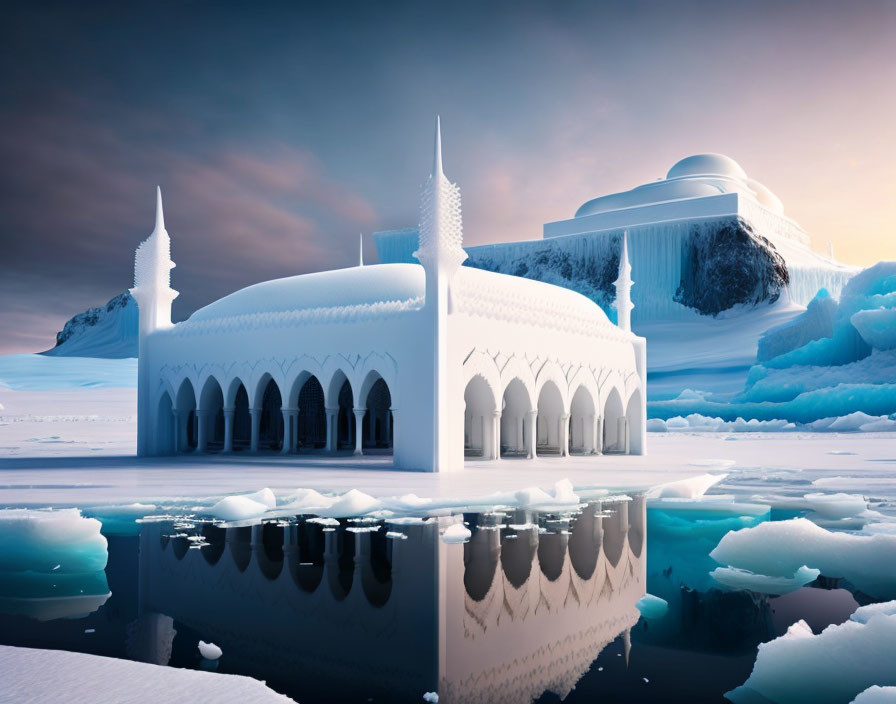 Intricate white palace on frozen landscape with pink sky