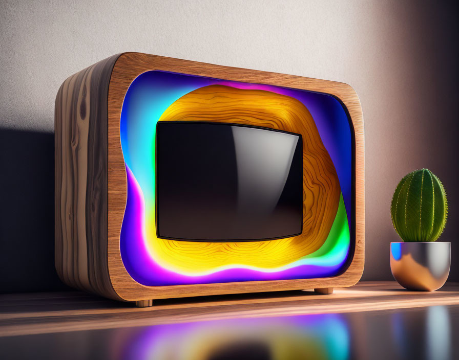 Wooden TV with Colorful LED Backlight Next to Potted Cactus