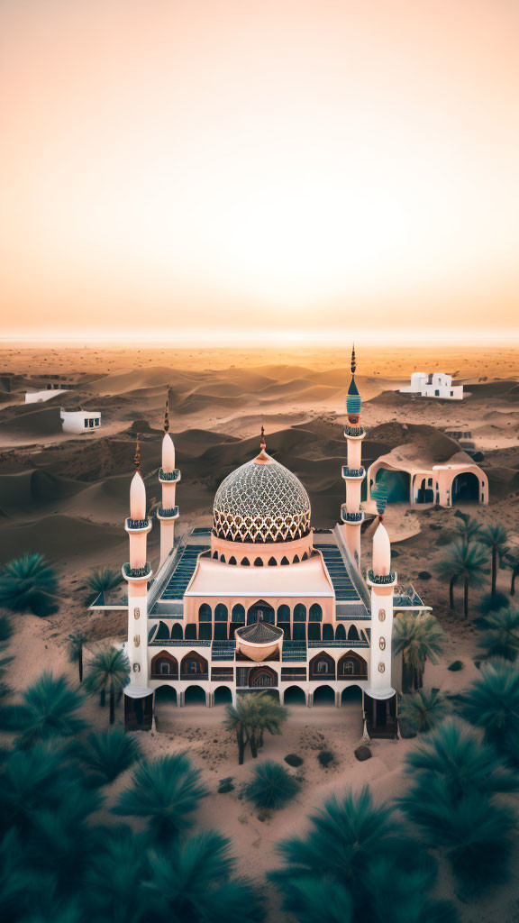 Mosque with domes and minarets in desert sunset scenery