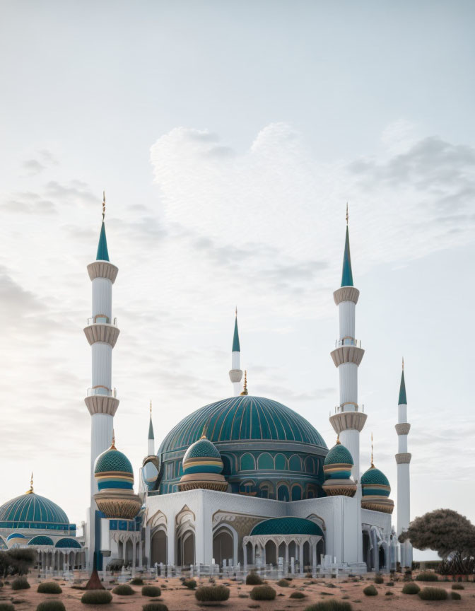 Blue domed mosque with tall minarets under soft sky and heart-shaped cloud