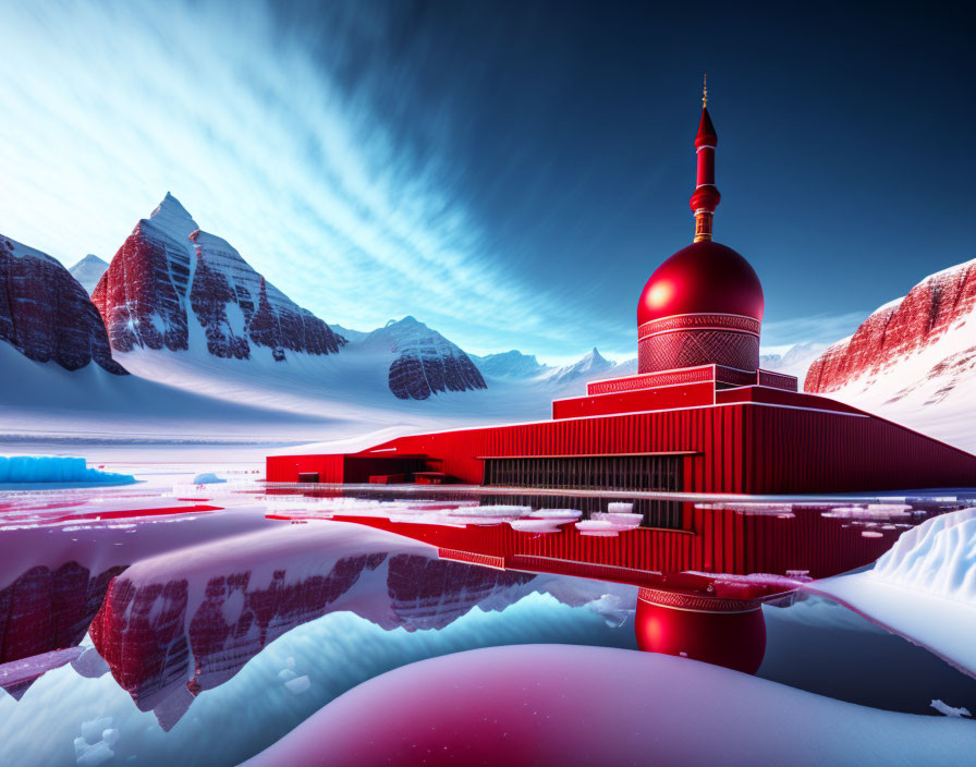 Futuristic red mosque with dome and minaret reflected in water, snow-capped mountains in backdrop