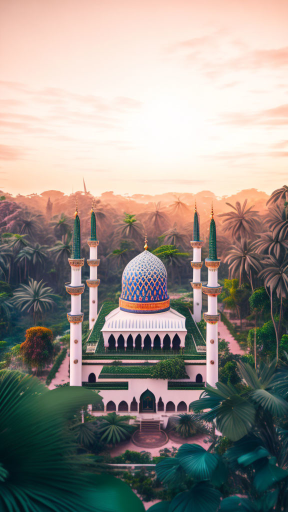 Mosque with Blue Dome, Four Minarets, Palms, Sunset Sky