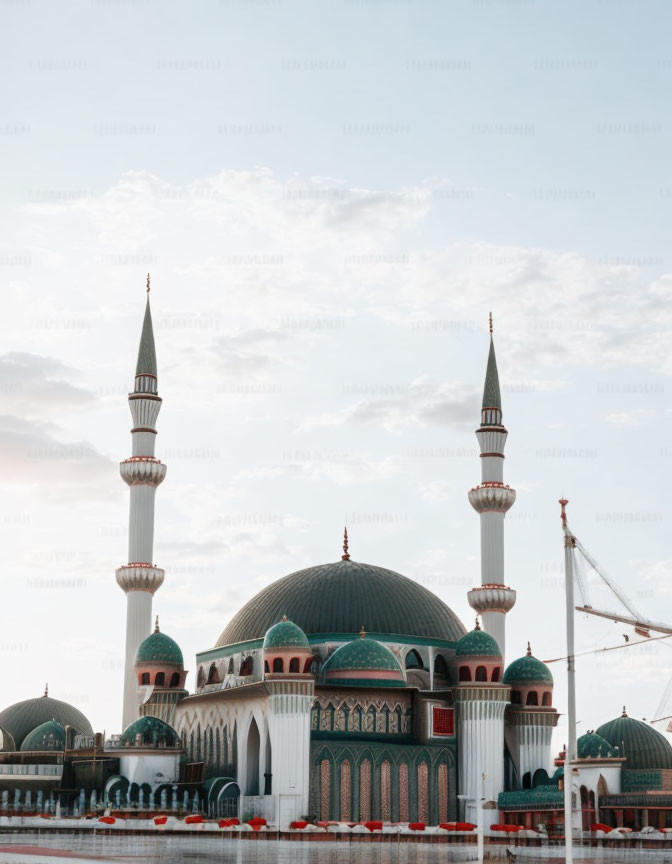 Intricate Green and White Mosque with Towering Minarets