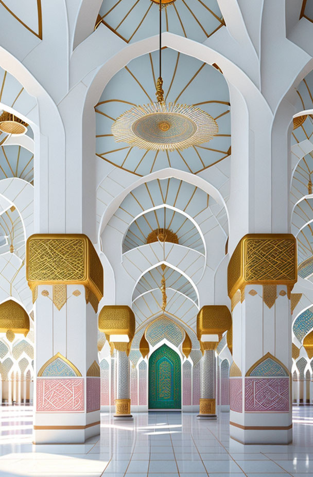 Intricate Islamic mosque interior with arched doorways & geometric patterns