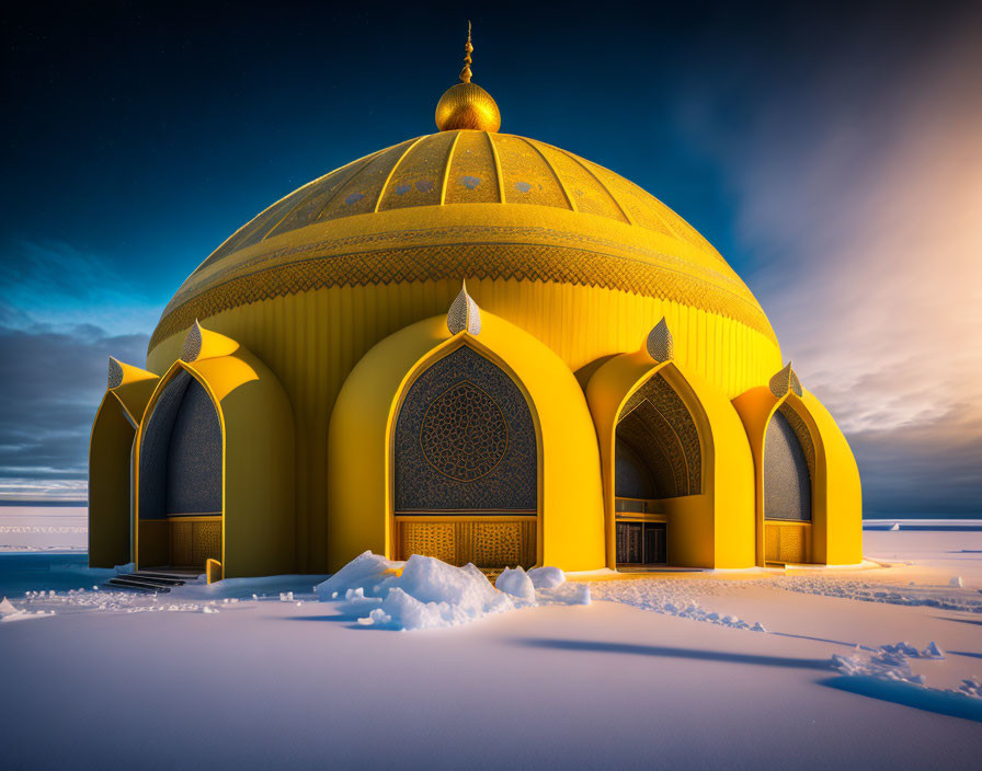 Yellow dome with ornate patterns and arches in snowy landscape at dusk