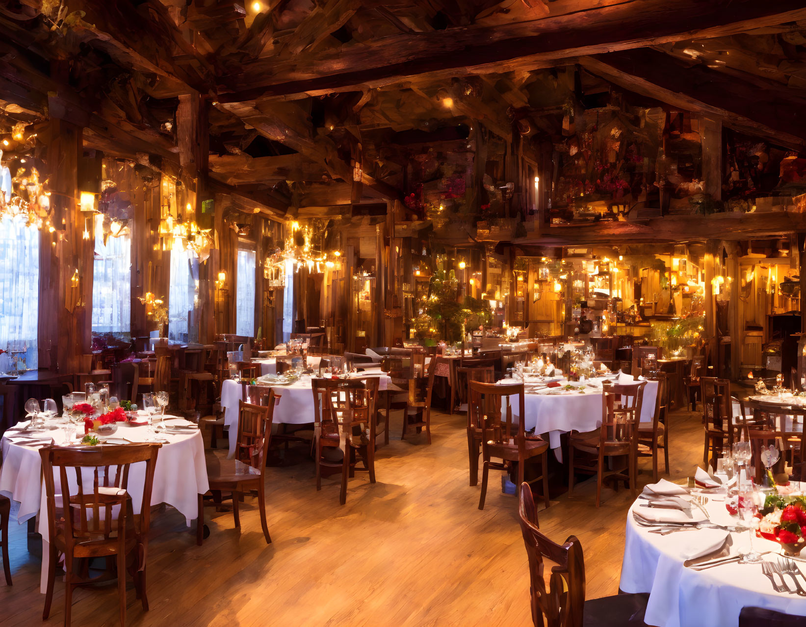 Rustic Restaurant Interior with Wooden Beams and Chandeliers