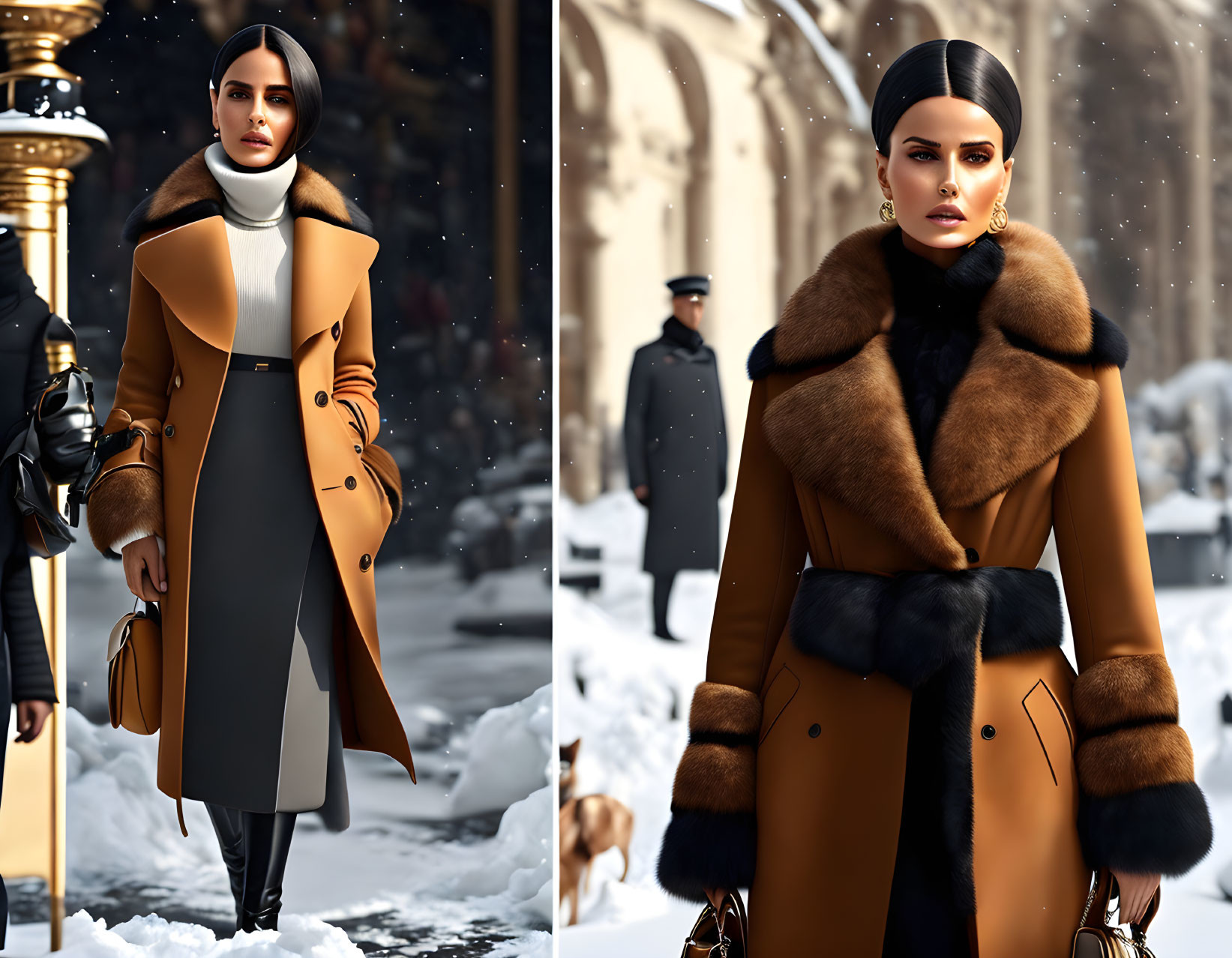 Elegant woman in brown coat with fur collar walks on snowy street