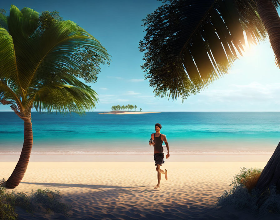 Person jogging on tranquil beach at sunrise with palm trees and distant island.