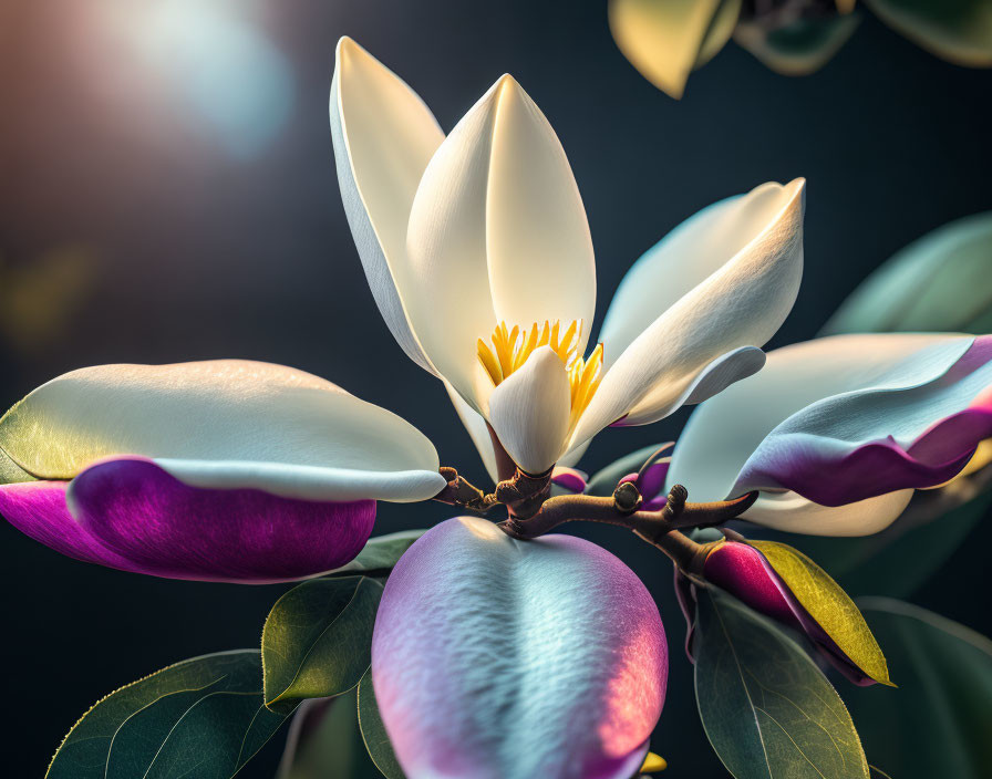 Close-up of White and Purple Blooming Magnolia Flower in Sunlight