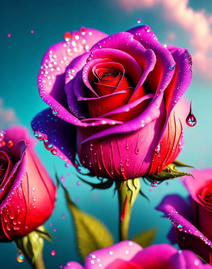 Colorful Roses with Dewdrops on Teal Background