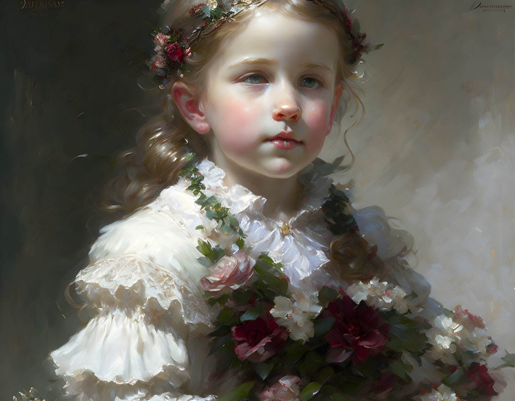 Young girl in flower crown gazes in vintage white dress.