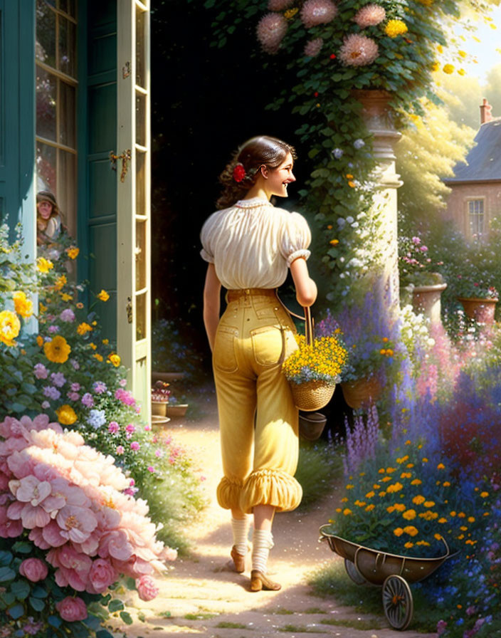 Vintage-clad woman with flower basket in lush garden under sunlight